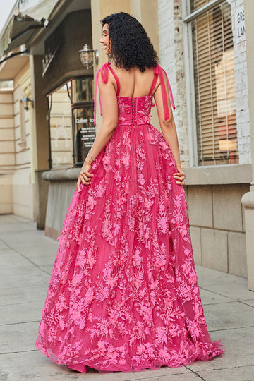 Spaghetti Straps Hot Pink A-Line Abito lungo da ballo con fessura